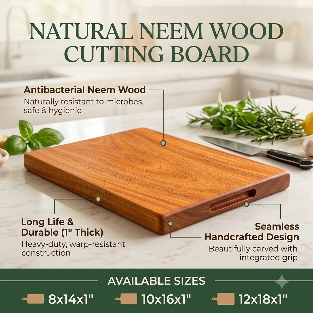 Infographic of key features of the Minimalist Neem wood Chopping board