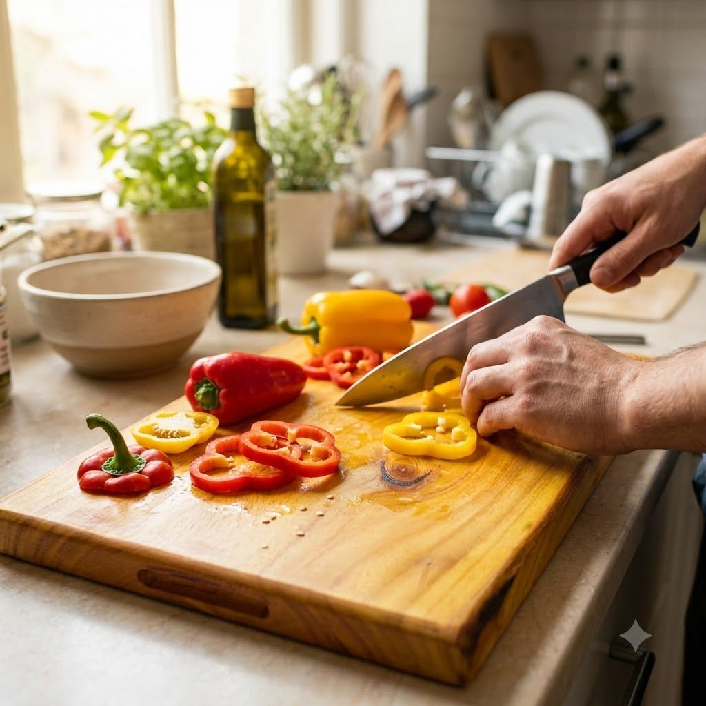 Slicing bell peppers on board – Jackwood Chopping Board