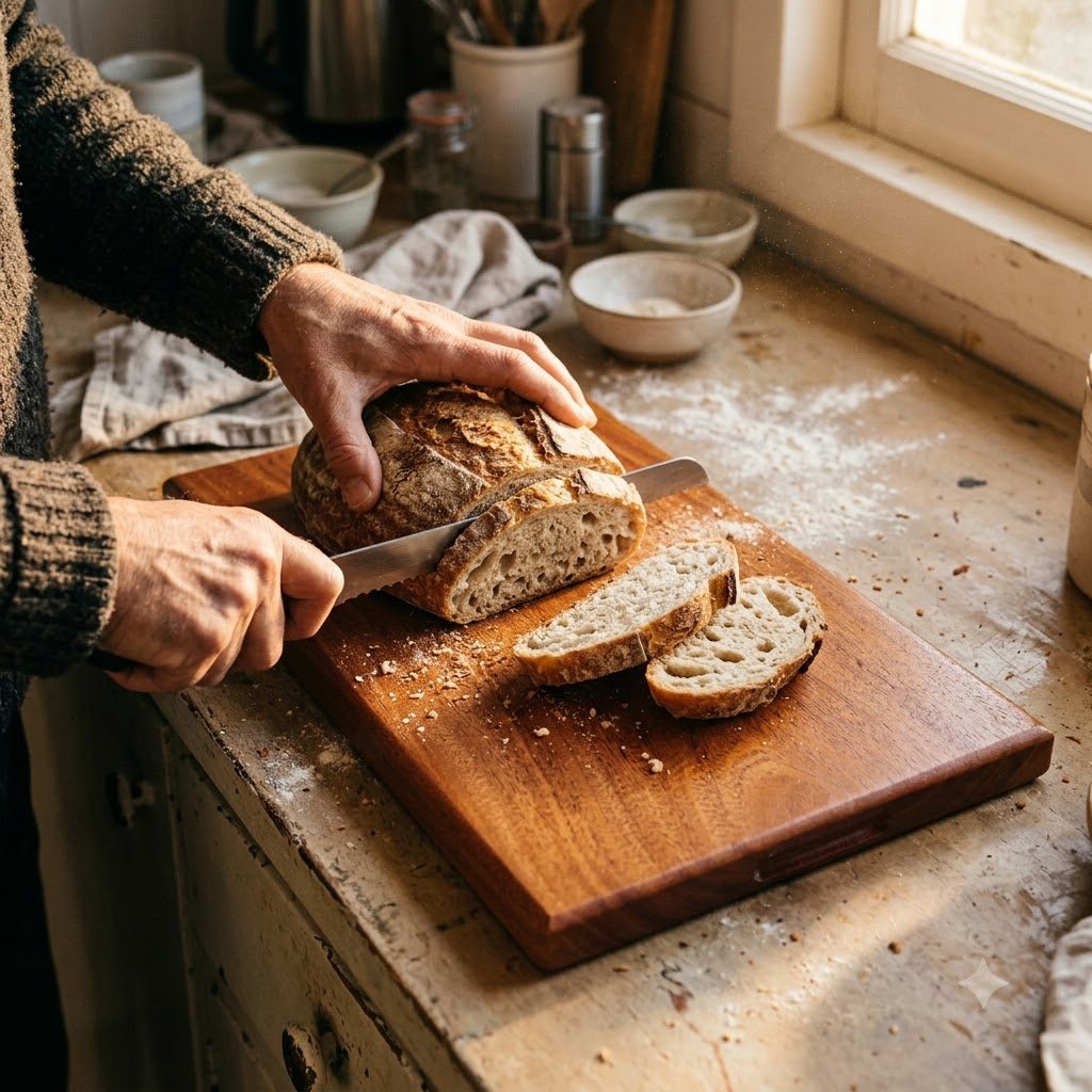 Slicing bread on cutting board – Minimalist Neem wood Chopping board